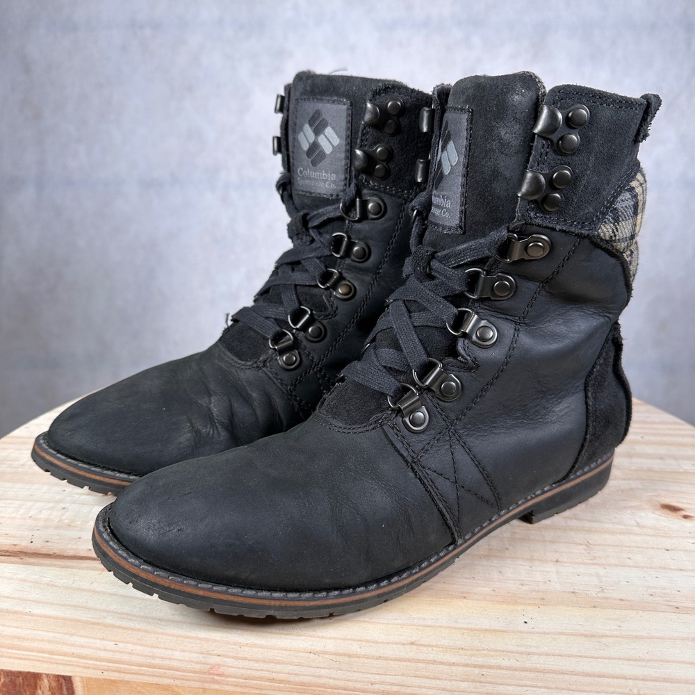Columbia Leather Suede Lace Up Boots Womens 7.5 Black Good Plaid Rugged